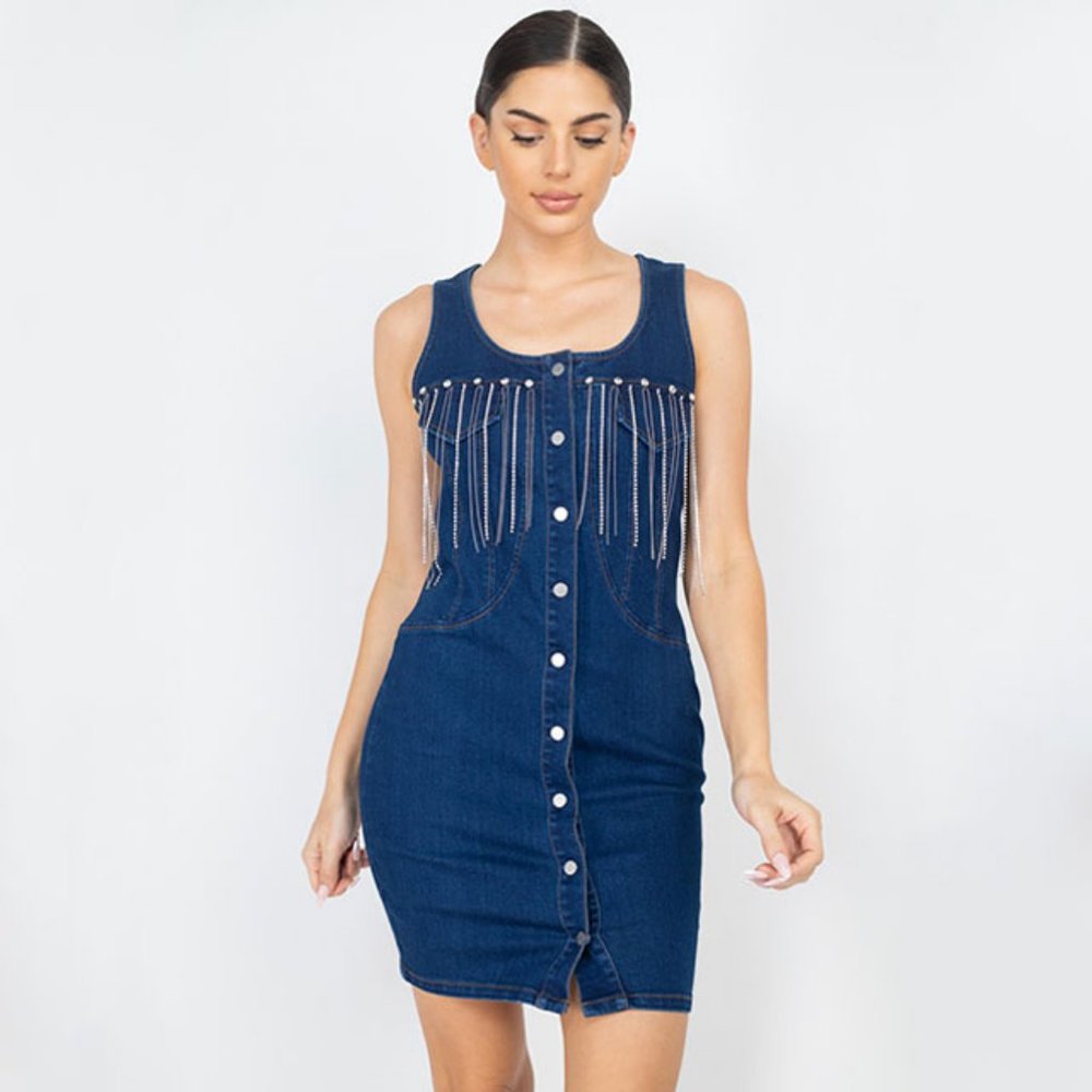 RHINESTONE FRINGE Denim Stretch Sleeveless Jacket Dress